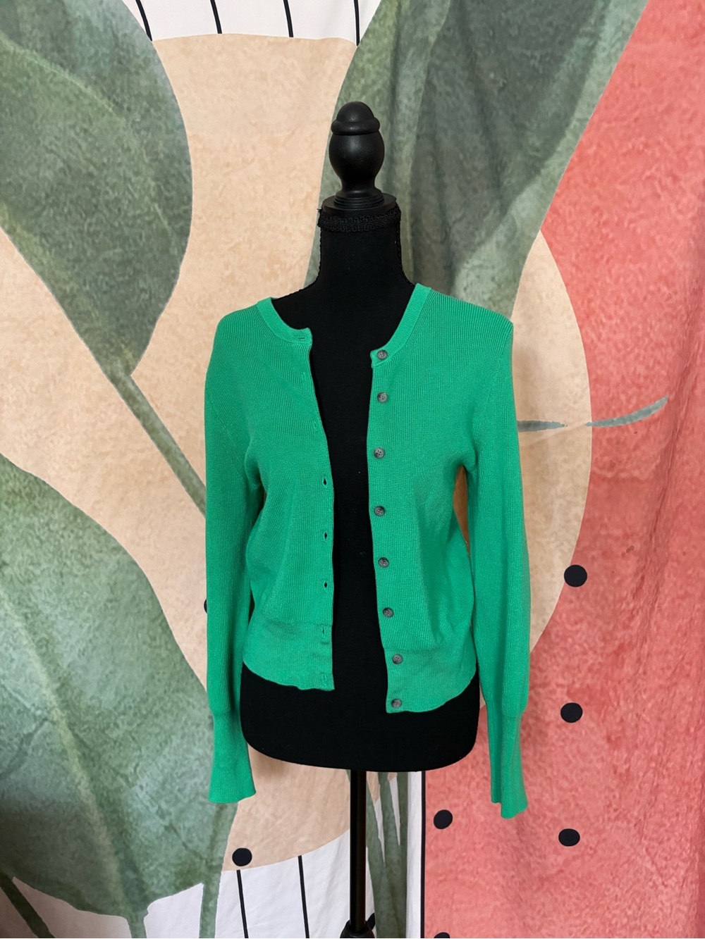 Green Women's Crewneck Button Cardigan Sweater